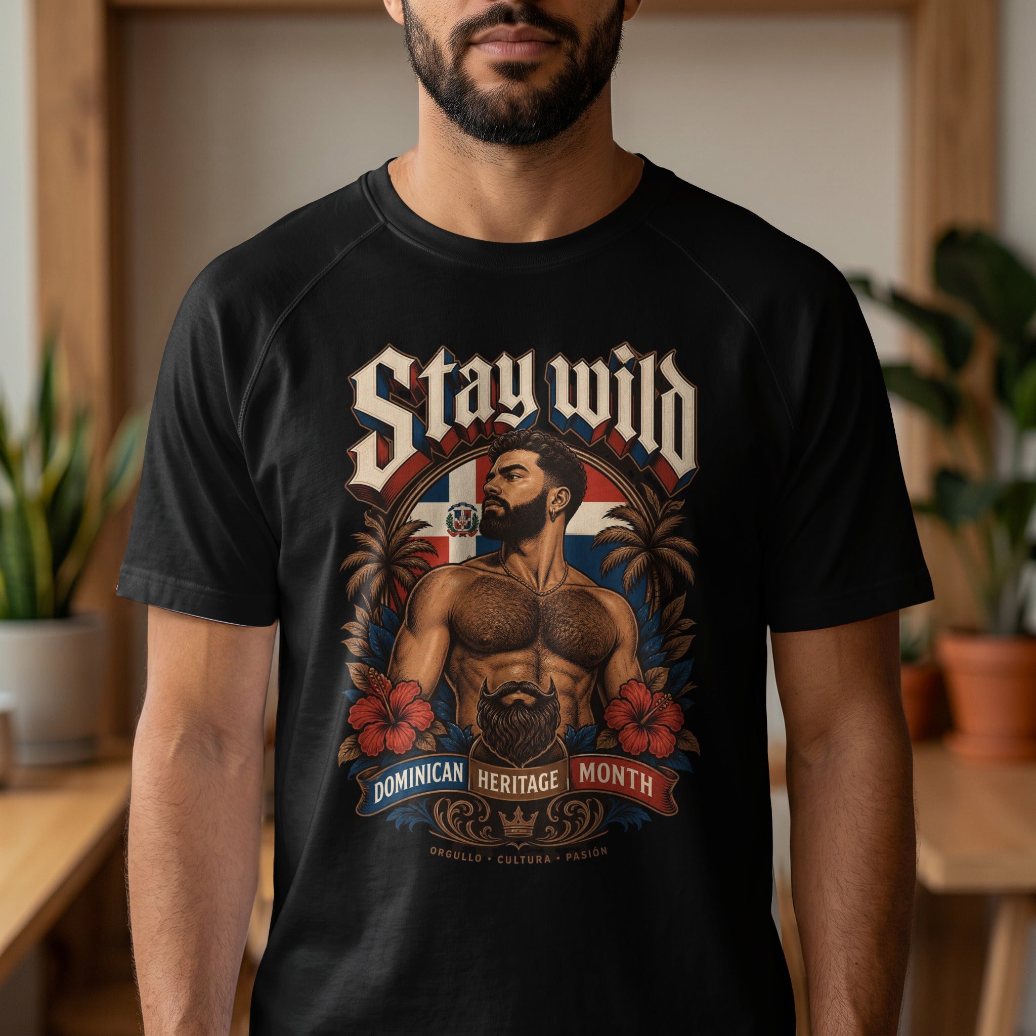 Black t-shirt featuring a man and Dominican flag with "Stay Wild" text.