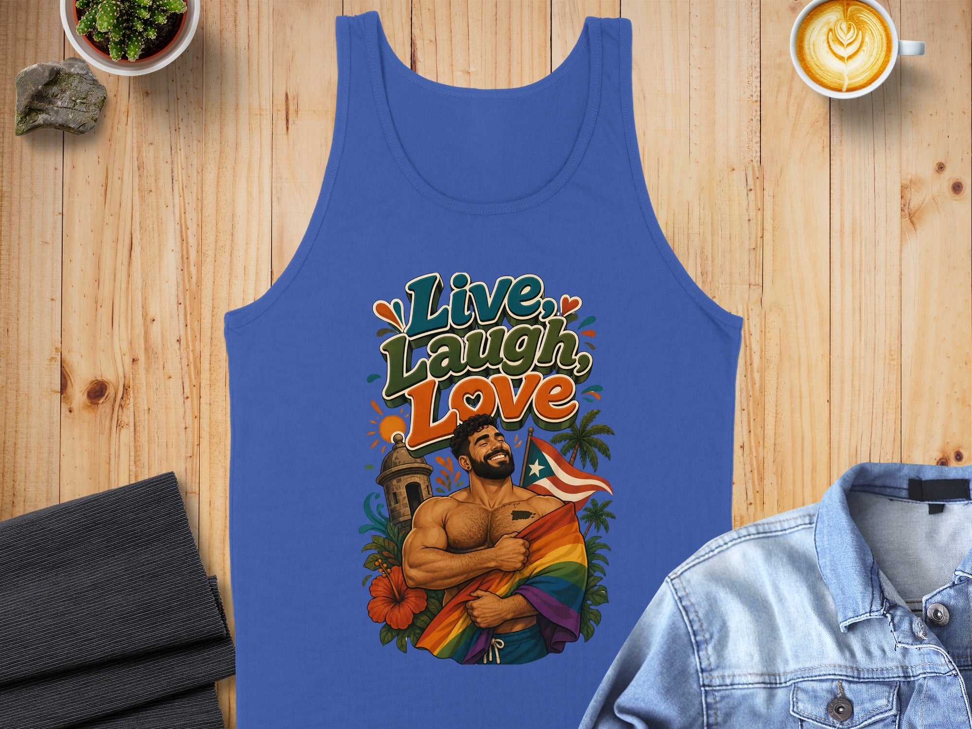 Blue tank top with "Live, Laugh, Love" text and Puerto Rican flag motif.