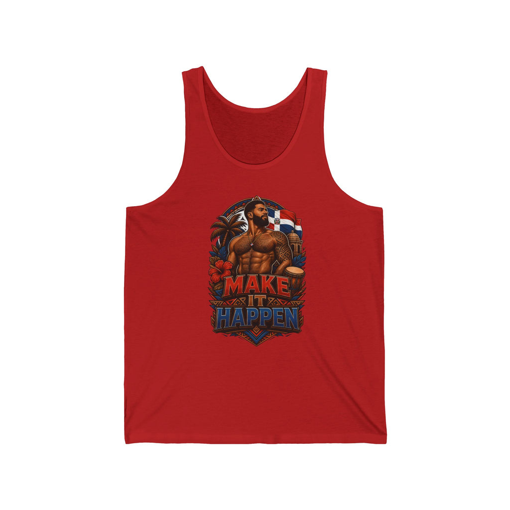 Red tank top with "MAKE IT HAPPEN" text and a man with flag.