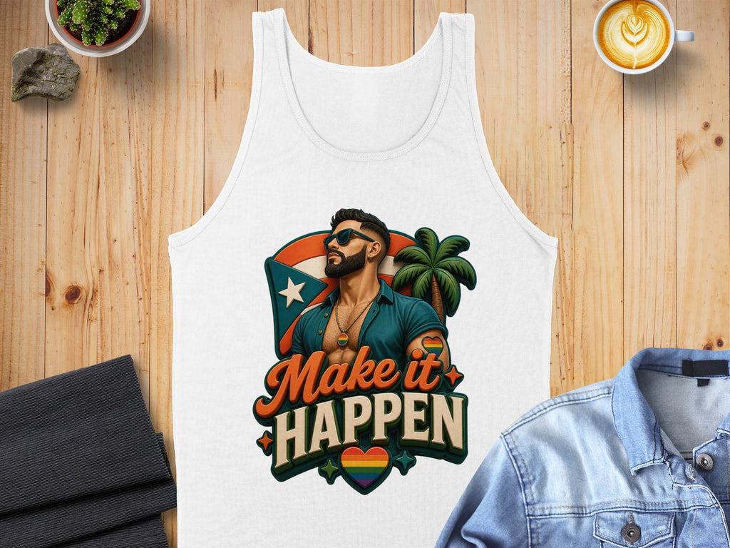 White tank top with "Make it Happen" and rainbow heart graphic.