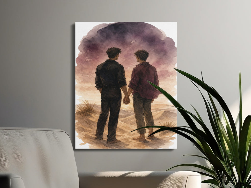 Two men hold hands, facing away, in a desert landscape with a dramatic sky.