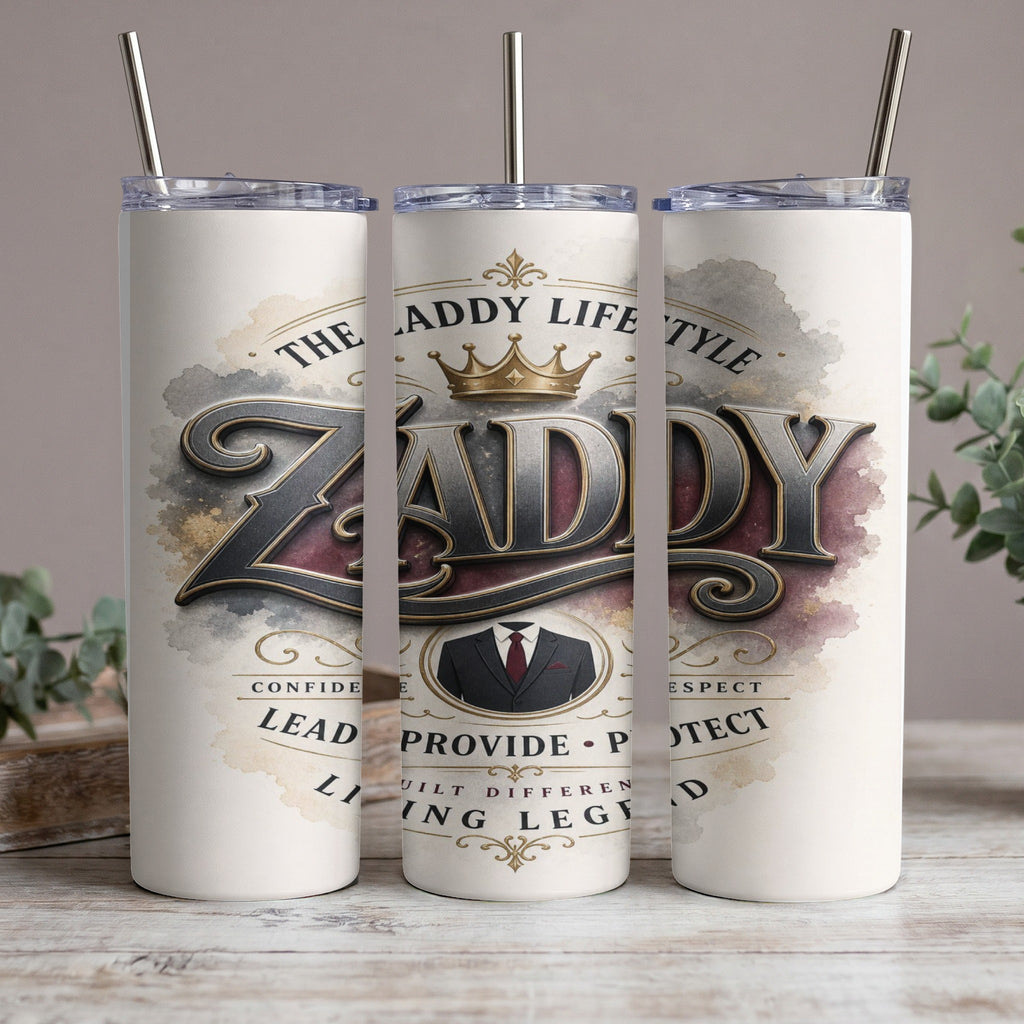 White tumbler with "ZADDY" in large metallic font, crown, suit, and words.