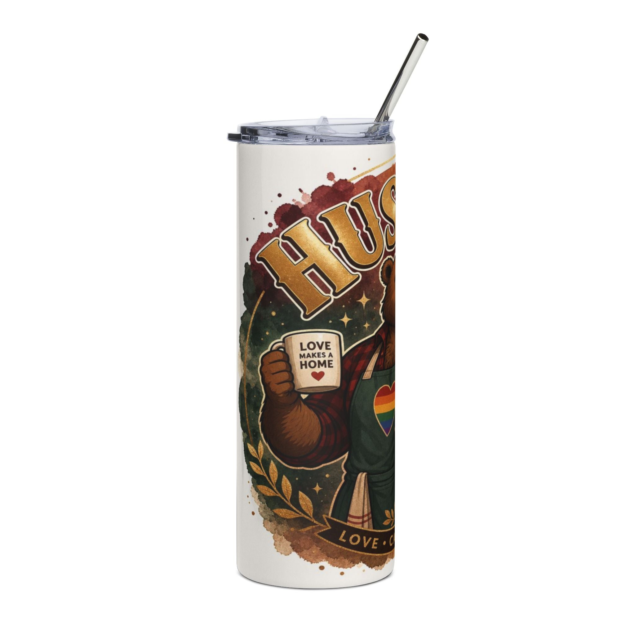 Tumbler with bear holding mug that reads "Love Makes a Home".