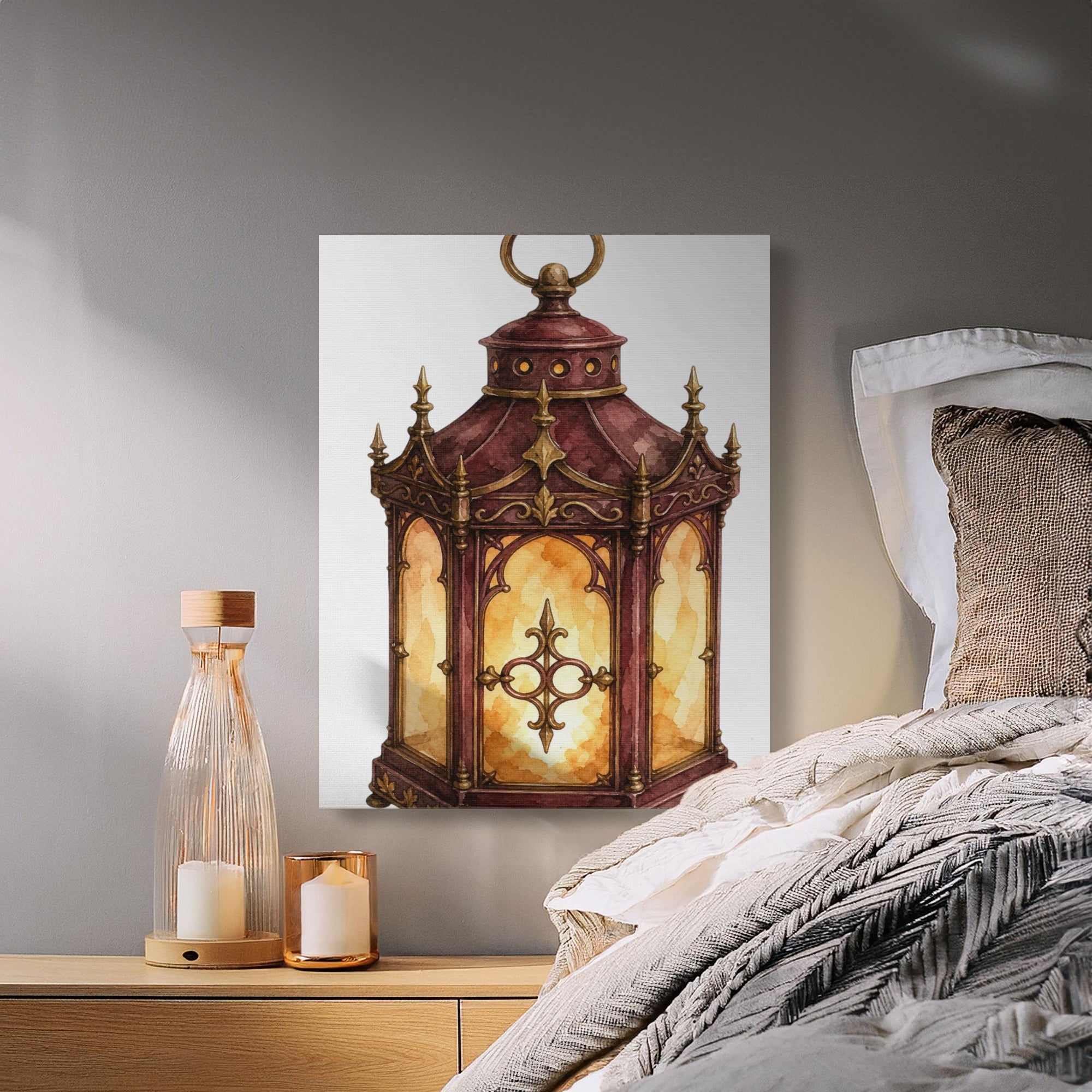 Watercolor painting of a decorative antique lantern with intricate gold trim and glowing light.