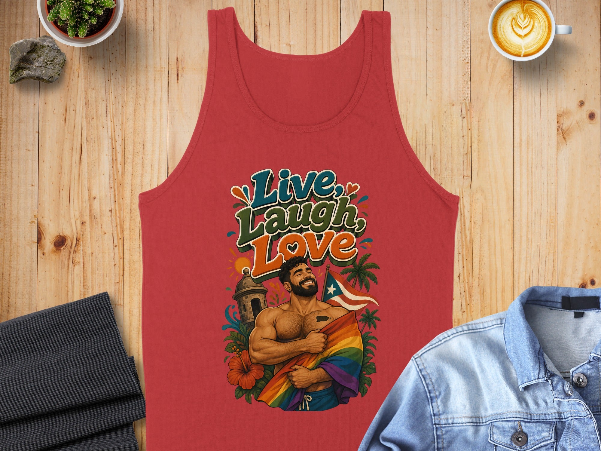 Red tank top with "Live, Laugh, Love" text and man holding Puerto Rican flag.
