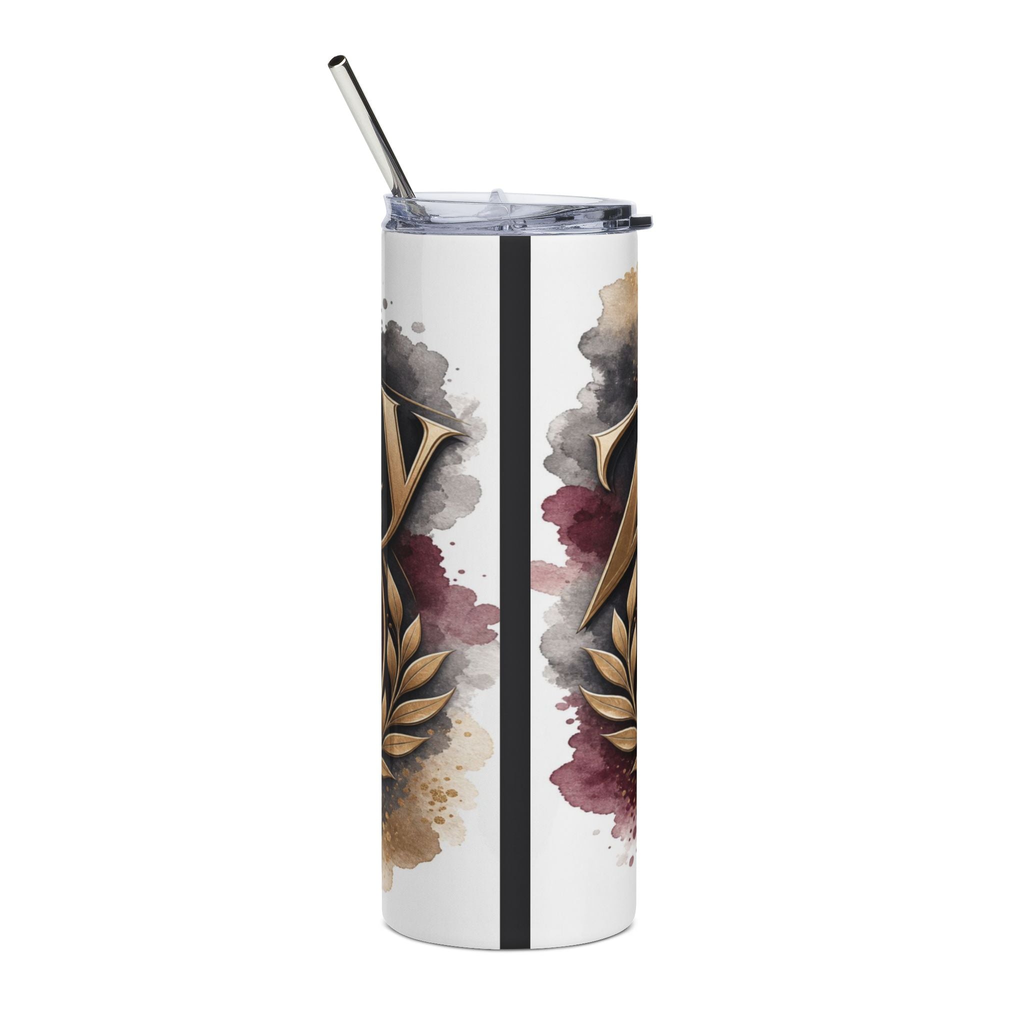 White tumbler with ornate gold letter design and watercolor splatters.