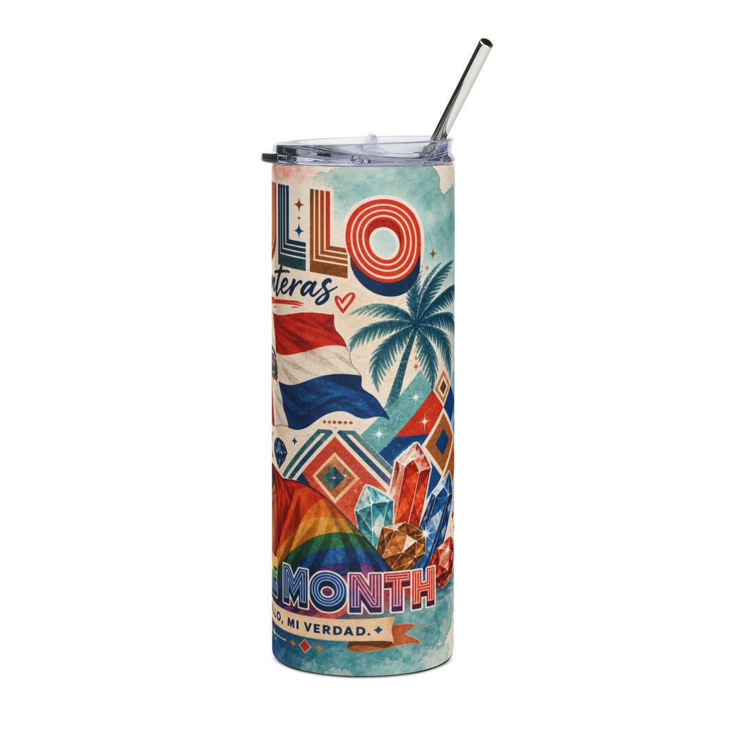 Tall tumbler with colorful geometric, flag, and palm tree design.