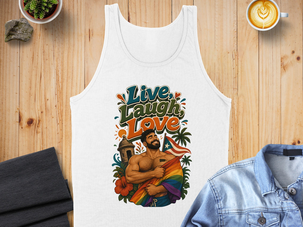 White tank top with "Live, Laugh, Love" text and Puerto Rican flag.