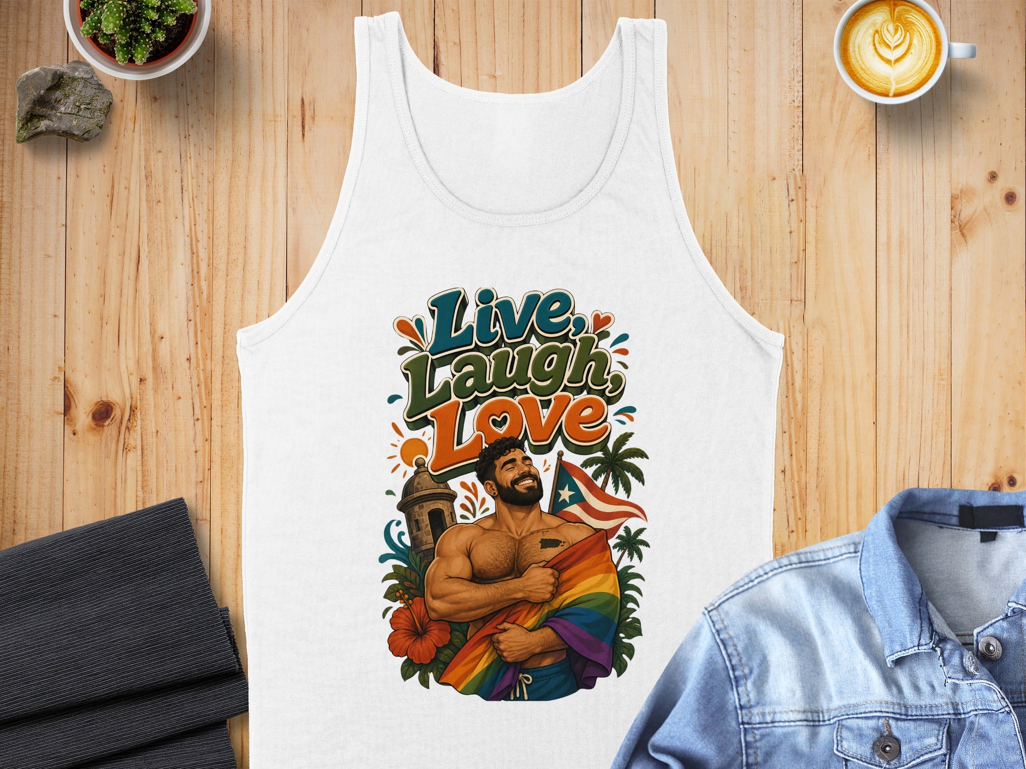 White tank top with "Live, Laugh, Love" text and Puerto Rican flag.