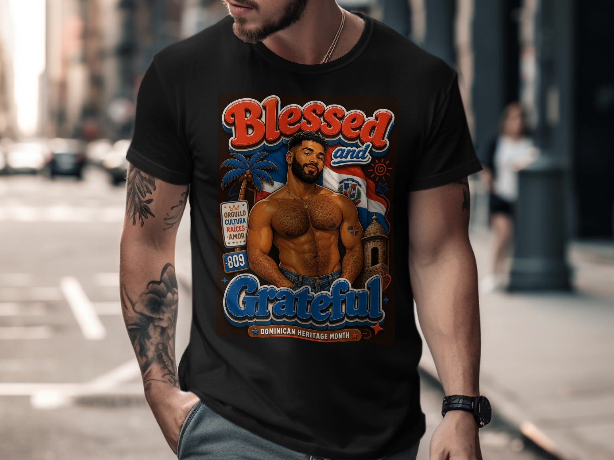 T-shirt with Dominican flag, man with tattoos, "Blessed and Grateful" text.