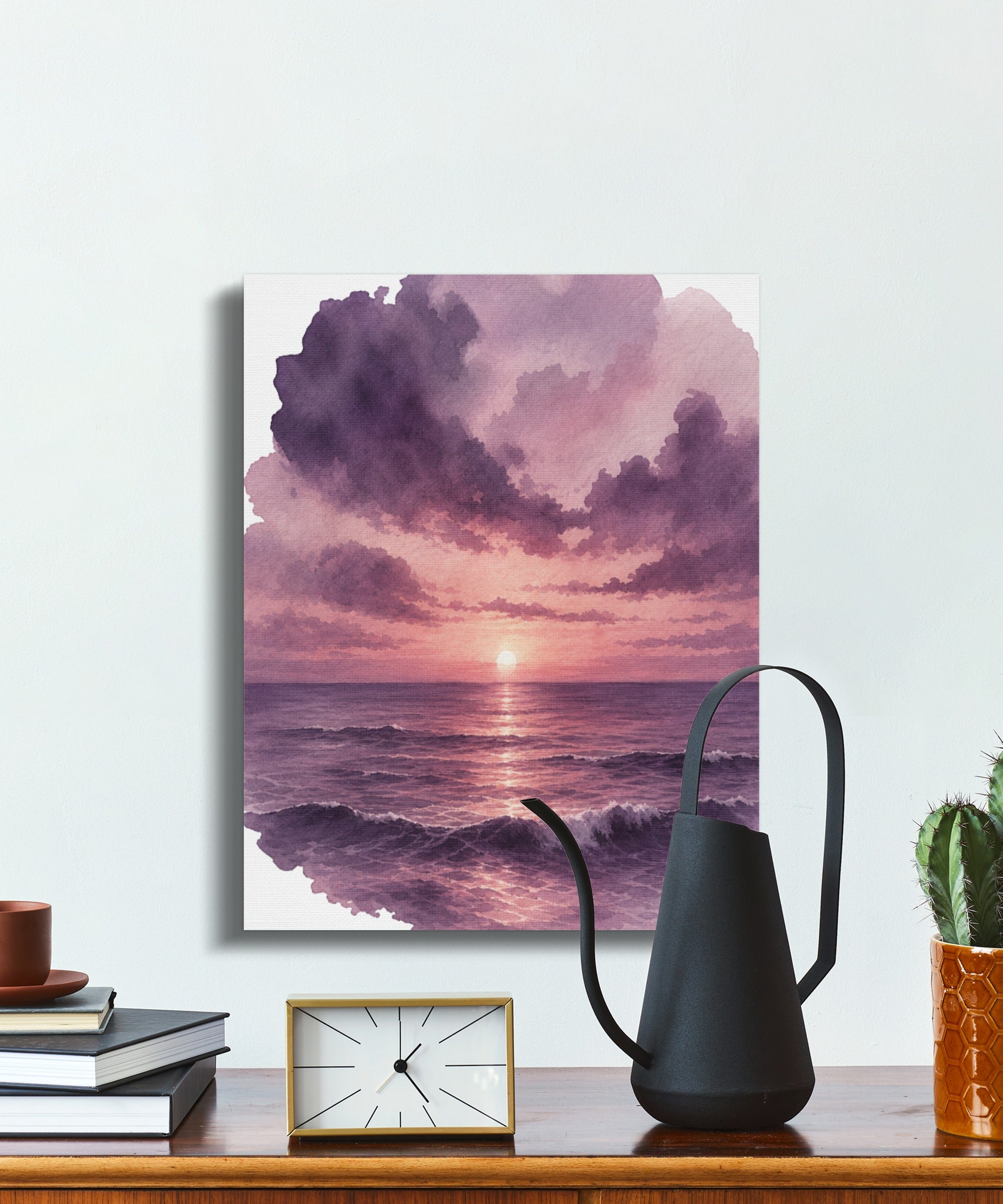 Watercolor painting of a purple sunset over the ocean with choppy waves.