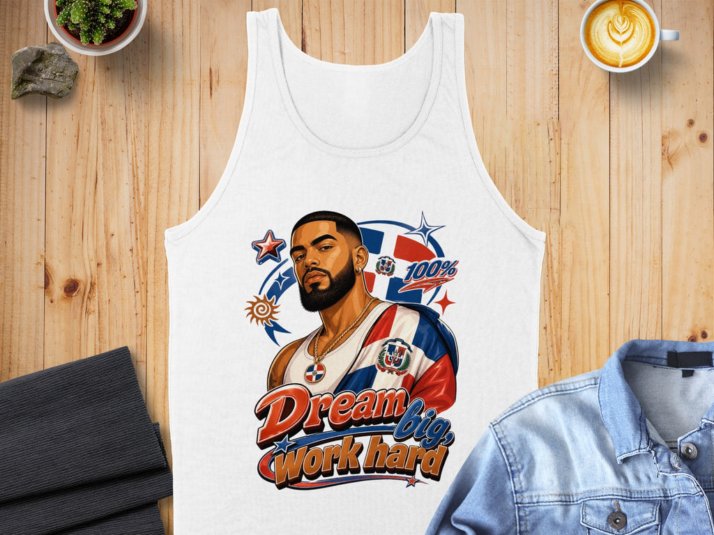 Dominican Republic flag tank top with man wearing it, "Dream Big Work Hard" text.
