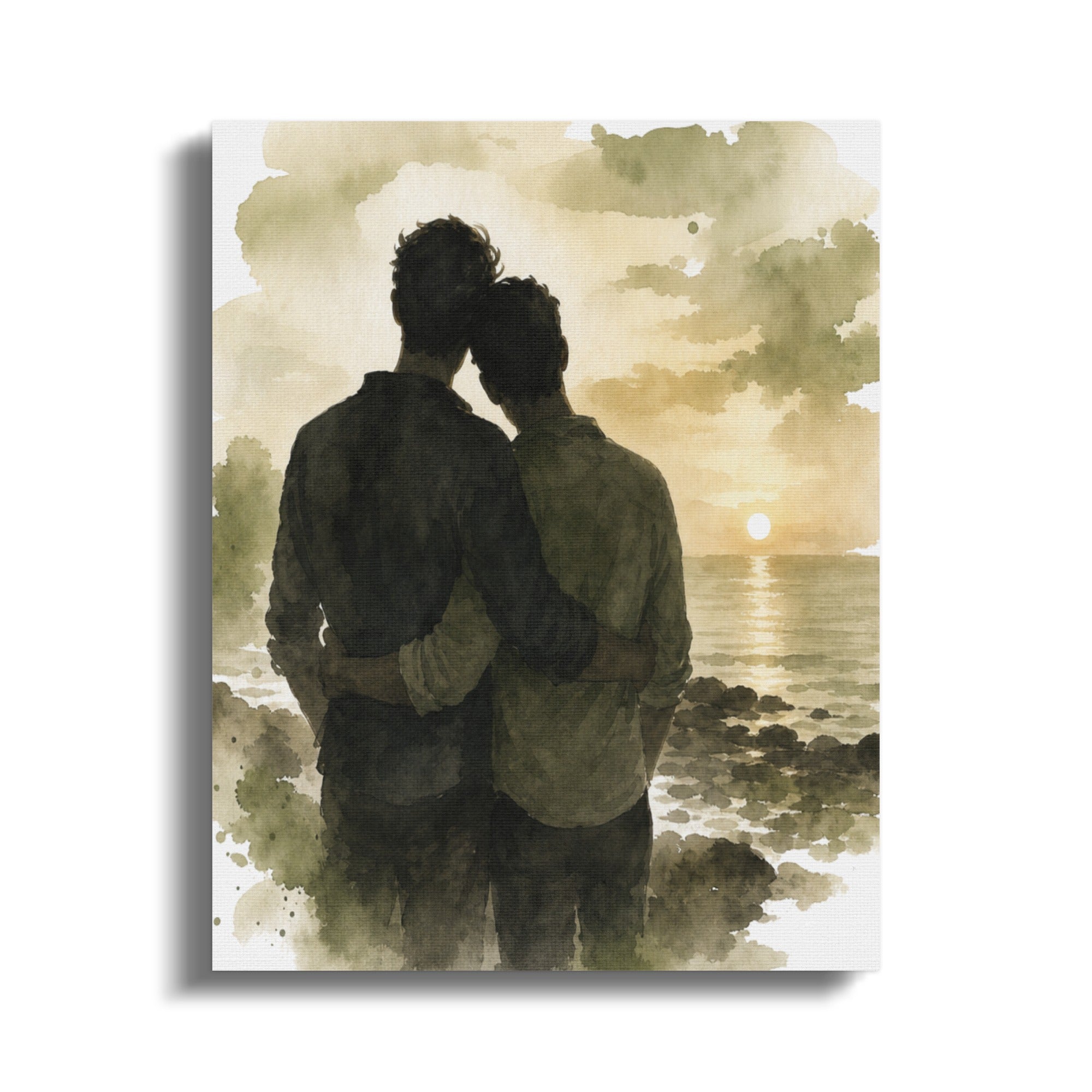 Two men embracing and watching the sunset over the ocean.