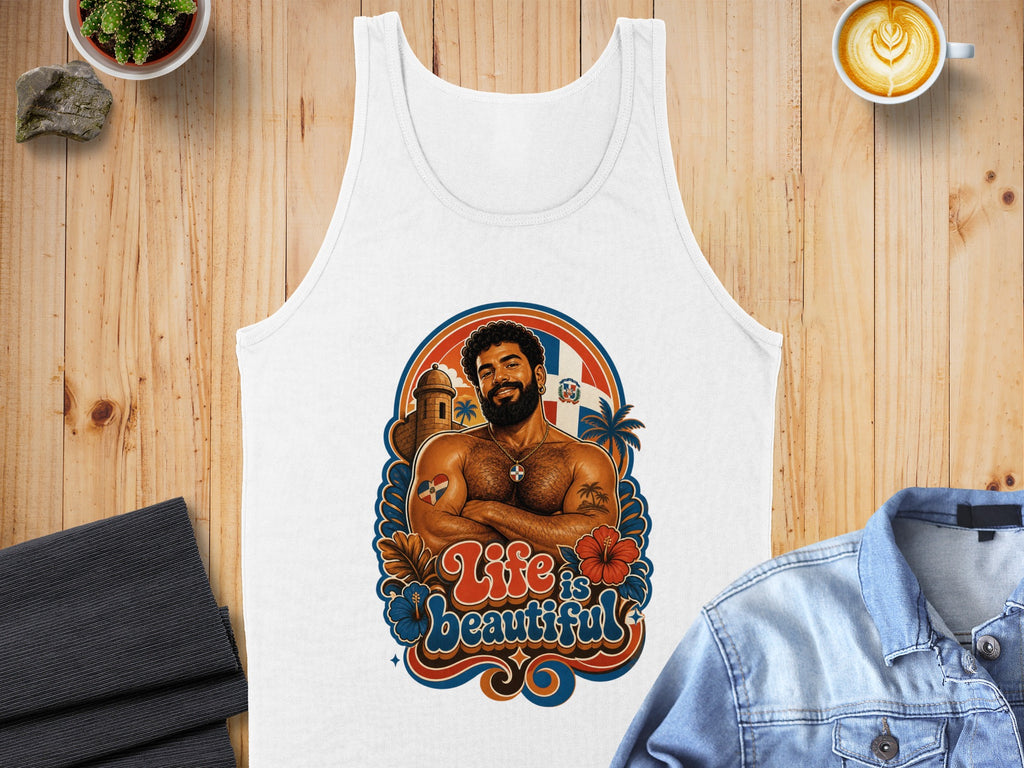 Tank top with a man, Dominican flag, and "Life is Beautiful" text.