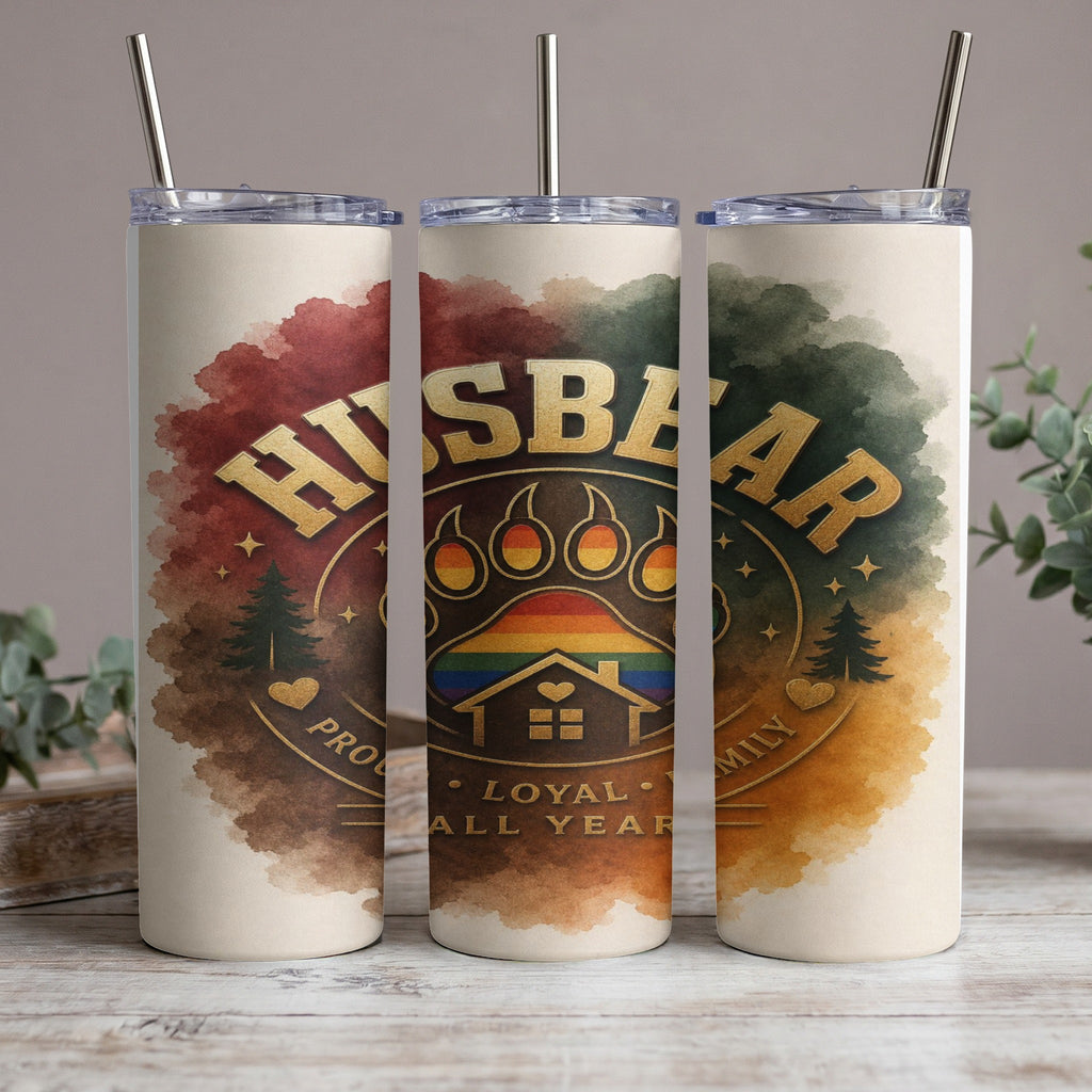 Tumbler with "Husbear" text, paw print, rainbow house, and pine trees.