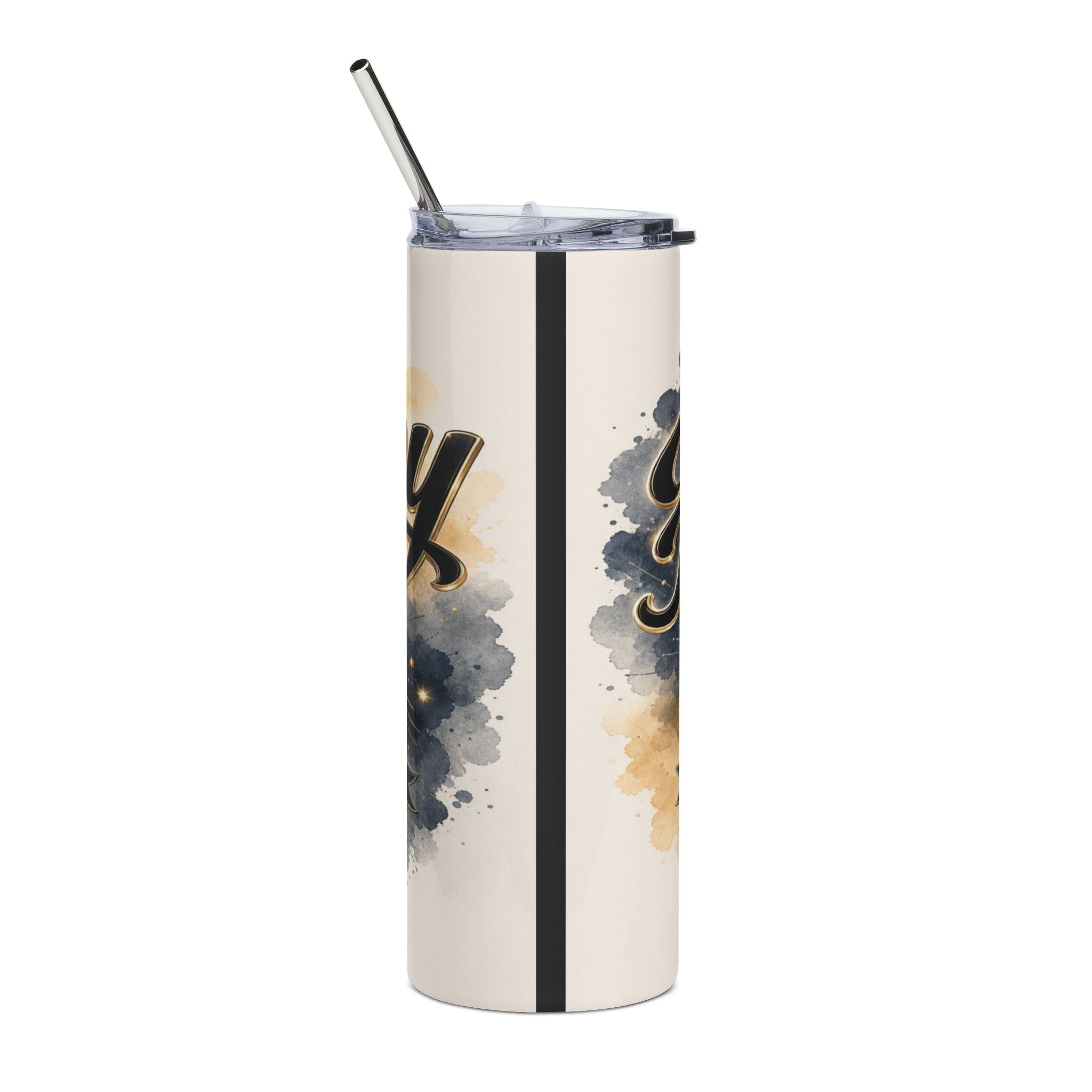 Tall cream tumbler with black stripe and watercolor paint splatters.