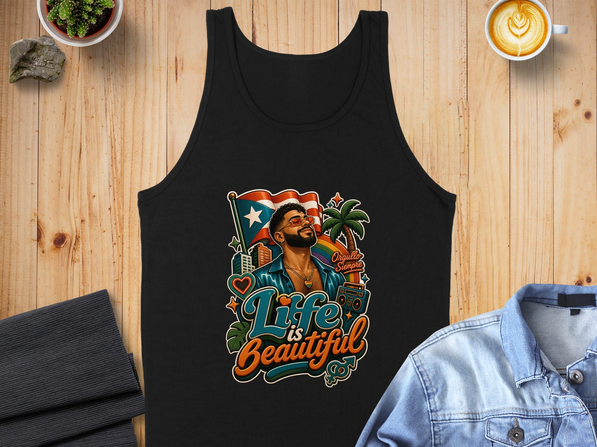 Black tank top with colorful "Orgullo Siempre" graphic featuring a man and a flag.