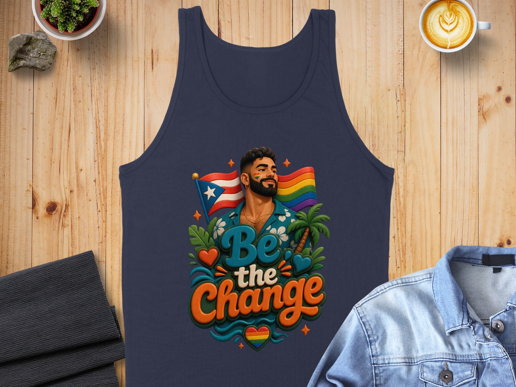 Navy tank top with Puerto Rican pride flag, palm trees, and "Be The Change" text.