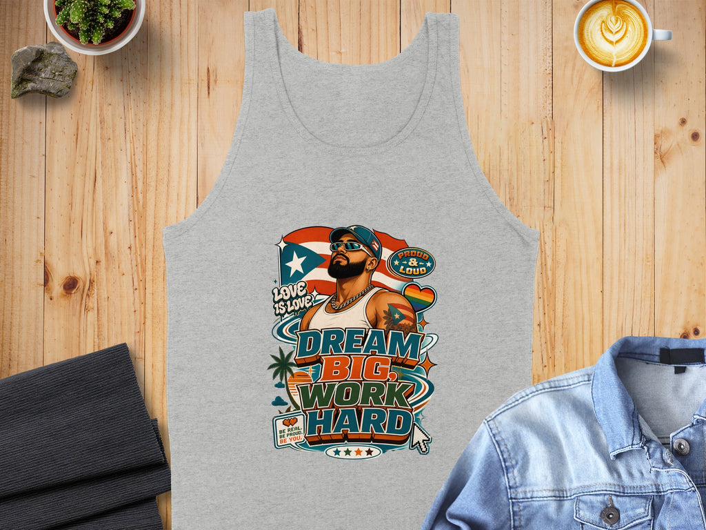 Grey tank top with "Dream Big Work Hard" text and patriotic graphic.