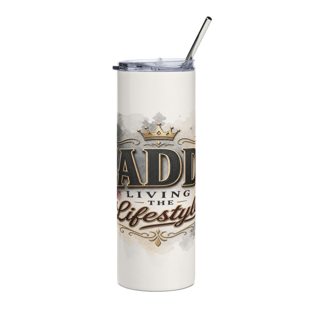 White tumbler with "DAD LIVING THE Lifestyle" text and crown graphic.