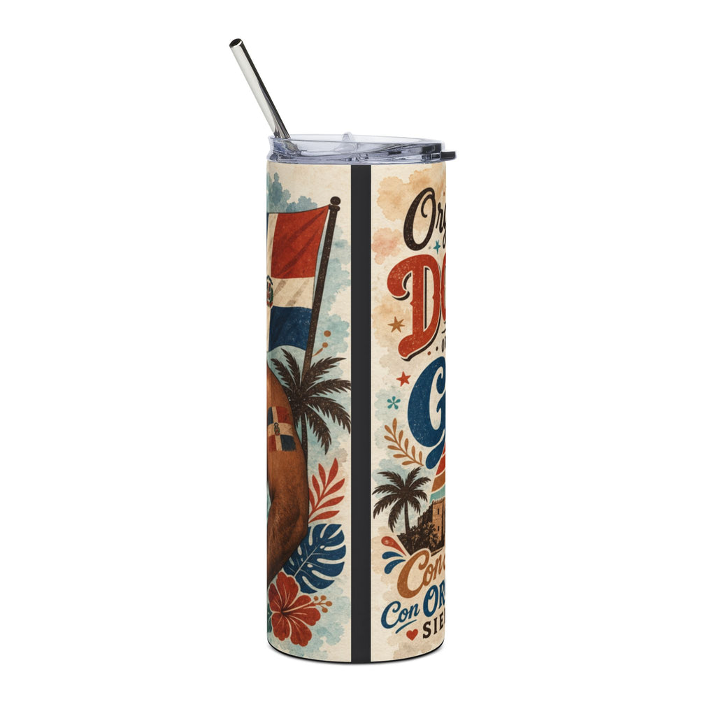 Dominican Republic flag and tropical motif on a tumbler with text.