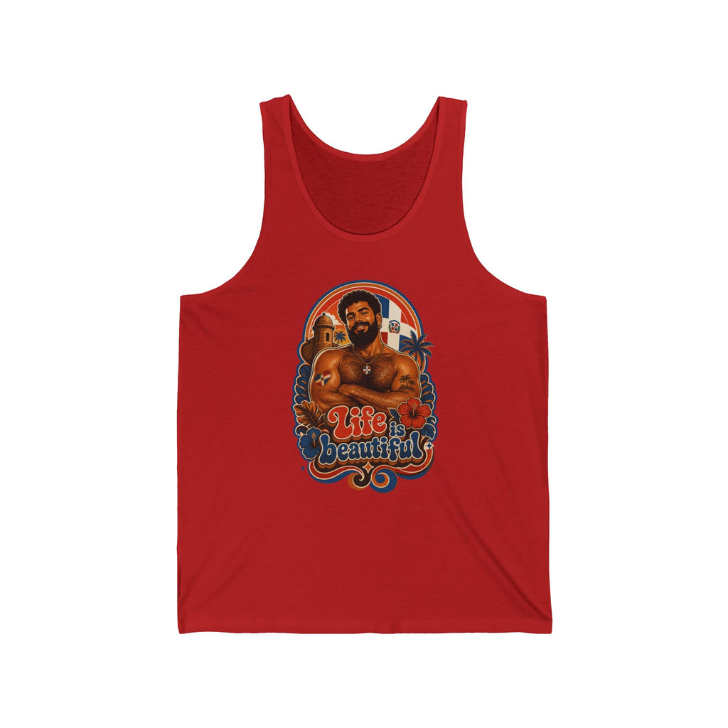 Tank top with a man and "Life is Beautiful" text.