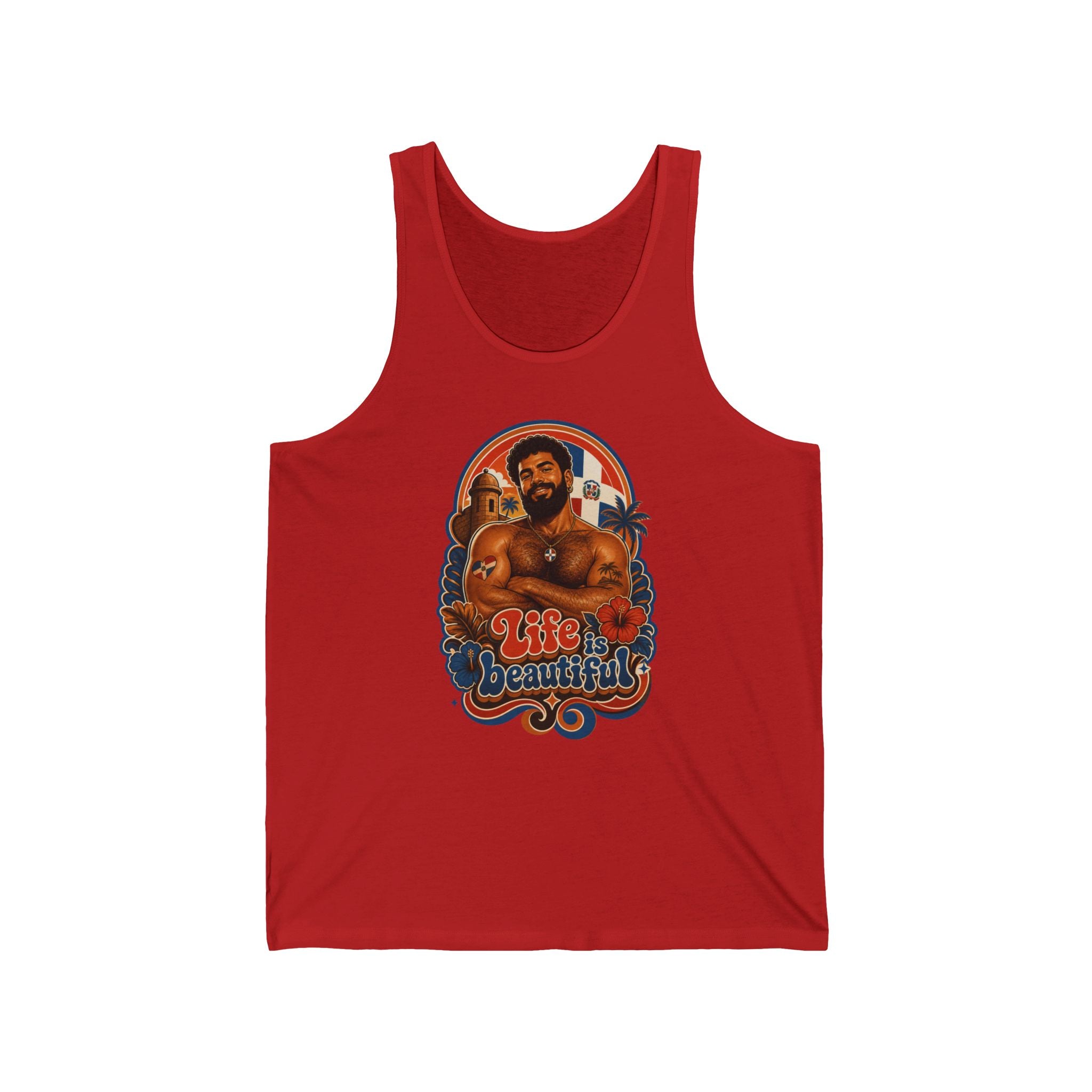 Tank top with a man and "Life is Beautiful" text.