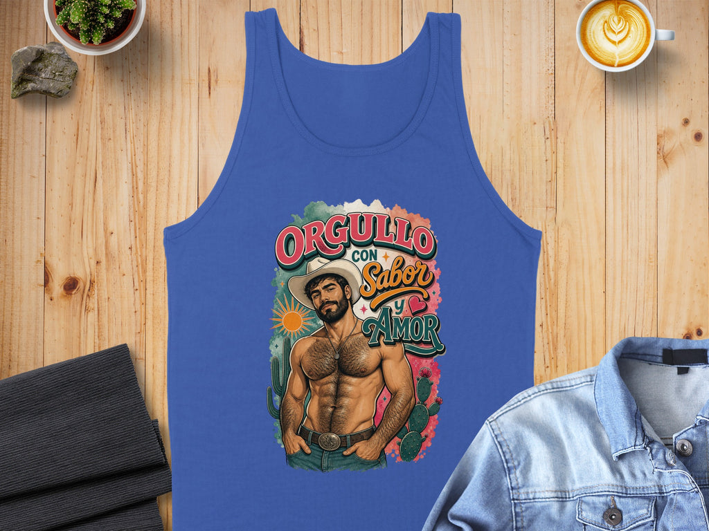 Blue tank top with "Orgullo con Sabor y Amor" text and muscular man graphic.