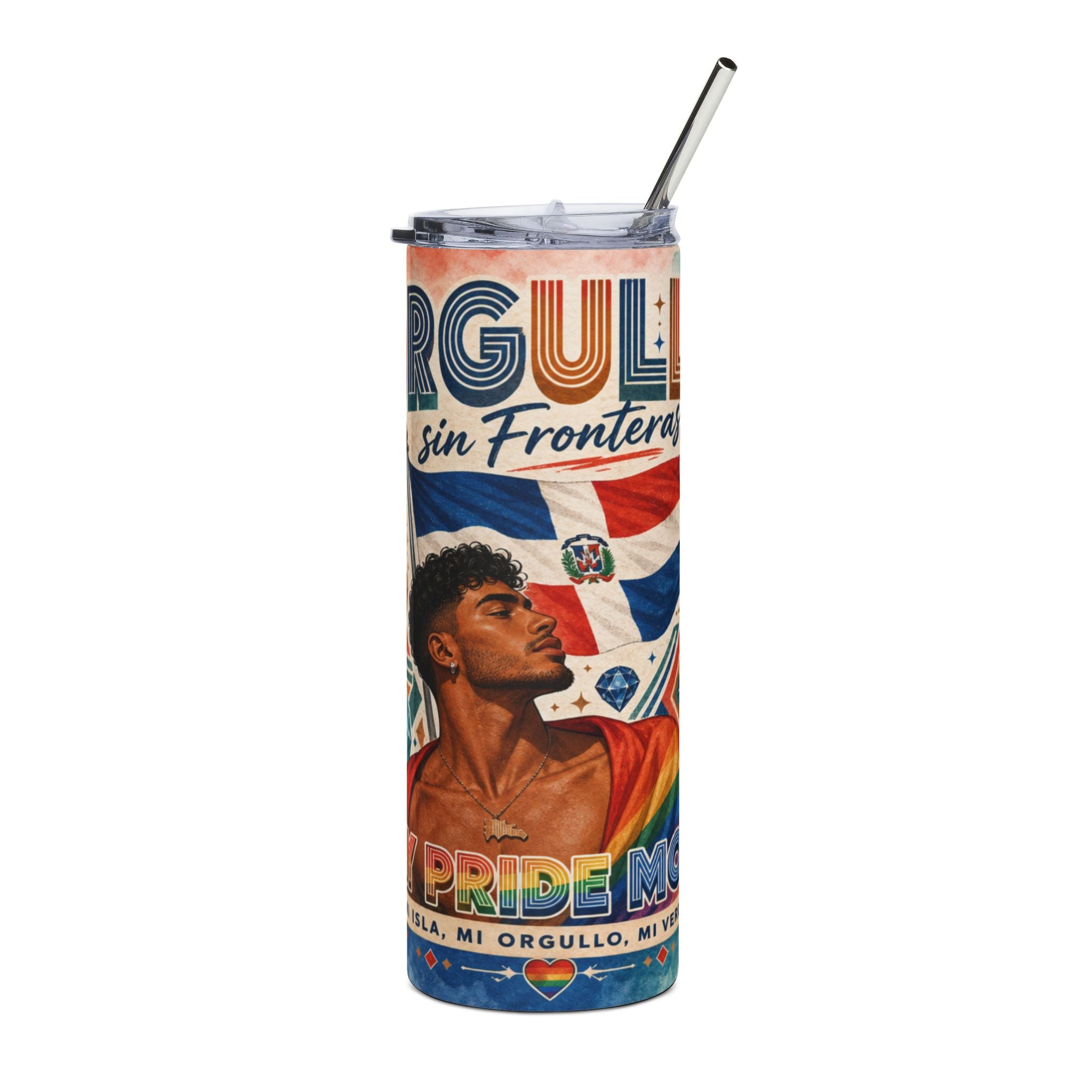 Tall tumbler with rainbow flag, flags, and "Orgullo sin Frontera" text.