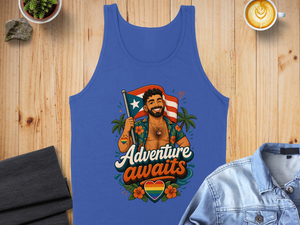 Blue tank top with man holding Puerto Rico flag, "Adventure awaits."
