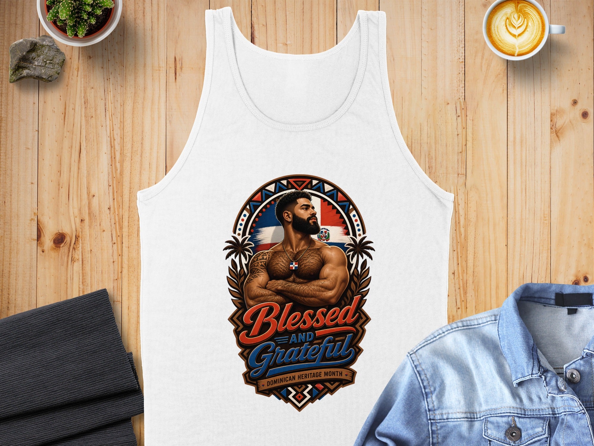 White tank top with Dominican Republic flag, chest artwork, "Blessed and Grateful" text.