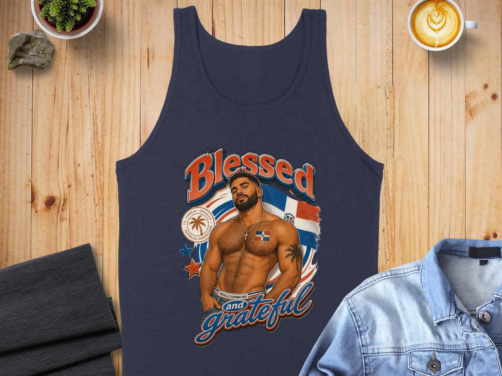 Navy tank top with "Blessed and grateful" text and Dominican Republic flag motif.