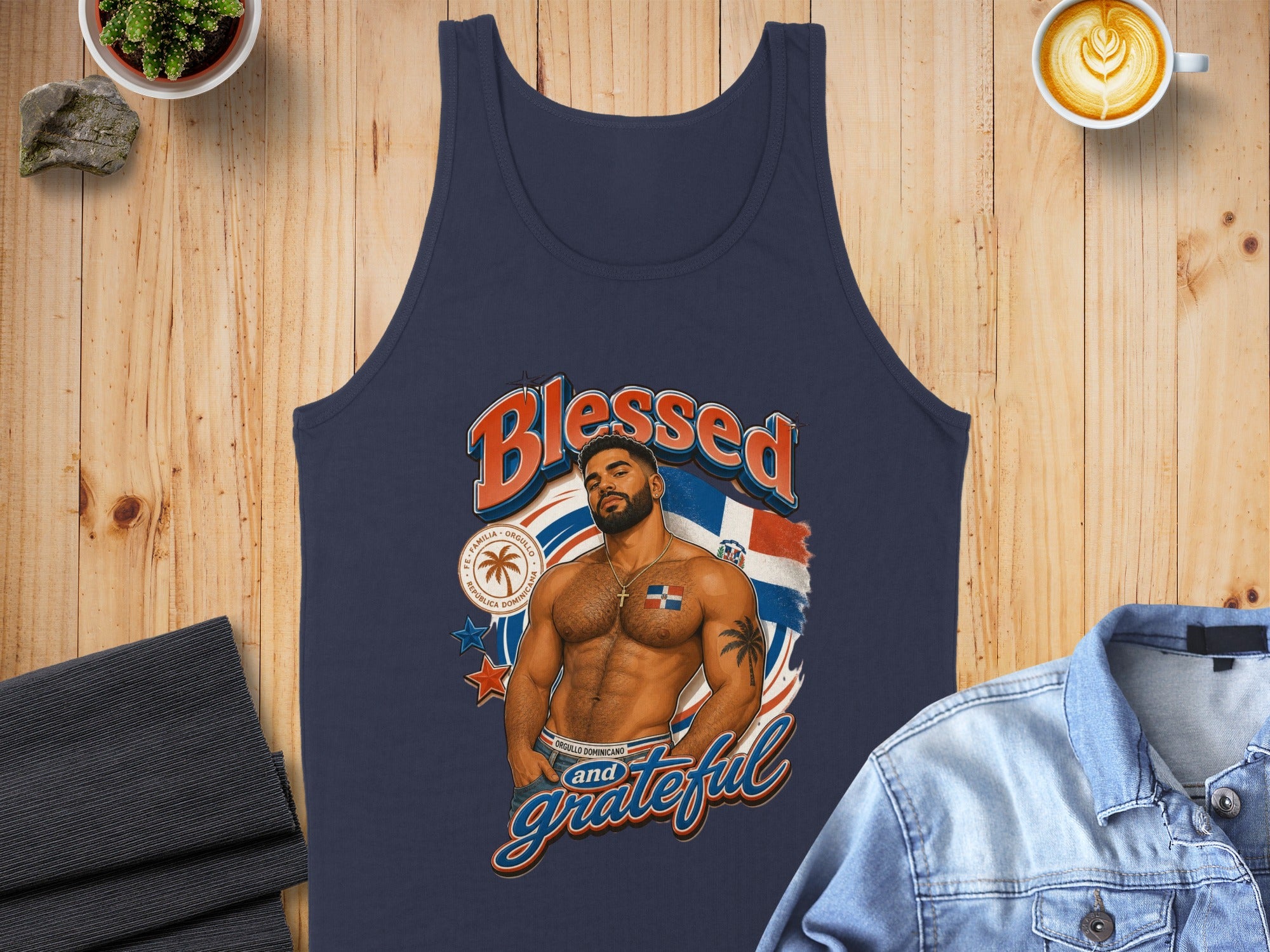 Navy tank top with "Blessed and grateful" text and Dominican Republic flag motif.