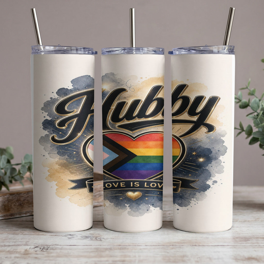 Three tumblers display "Hubby" and a heart with the progressive pride flag.