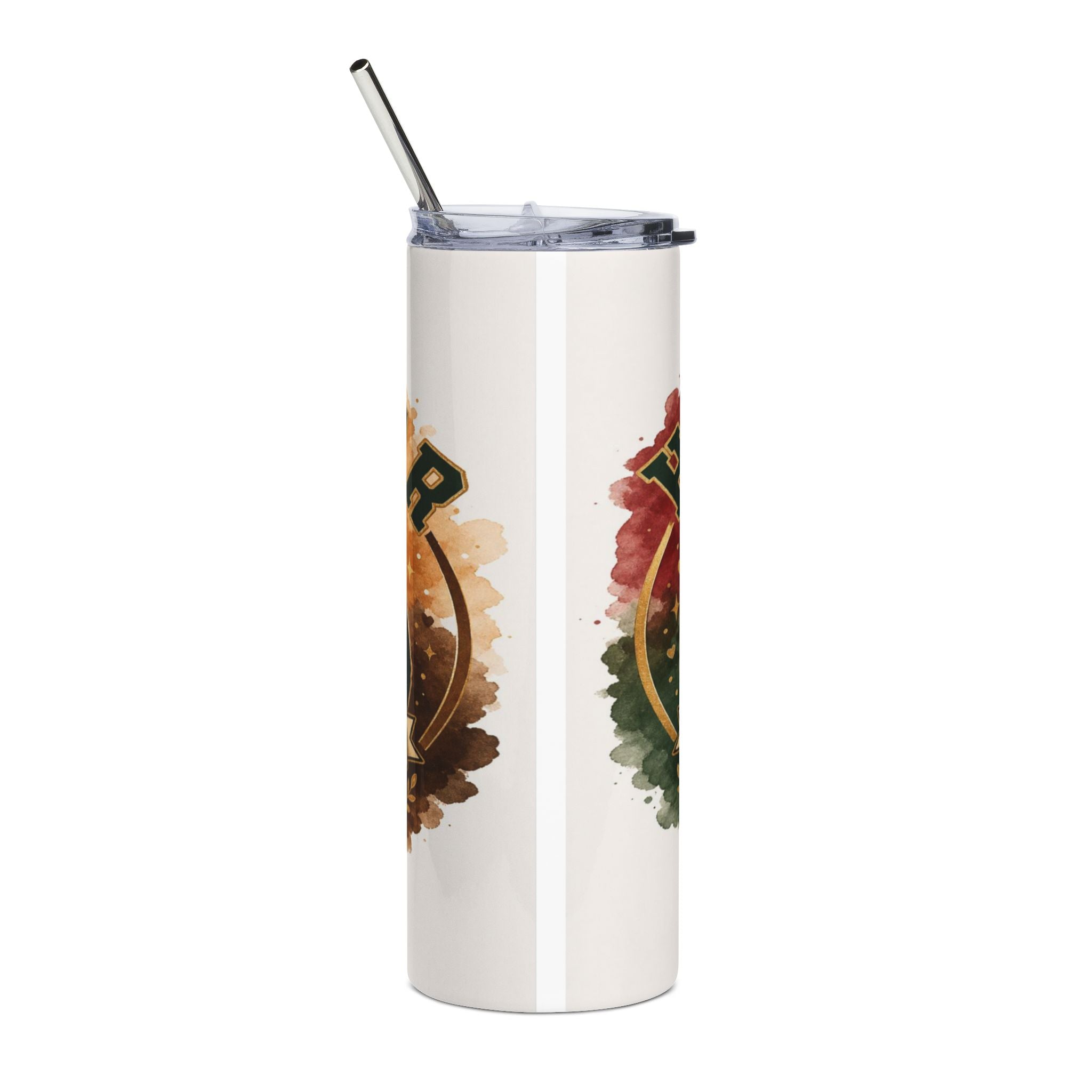 White tumbler with metallic straw features two circular emblems with letter P and watercolor splatters.