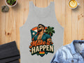 Gray tank top with "Make it Happen" slogan and rainbow heart, featuring man and Puerto Rico flag.