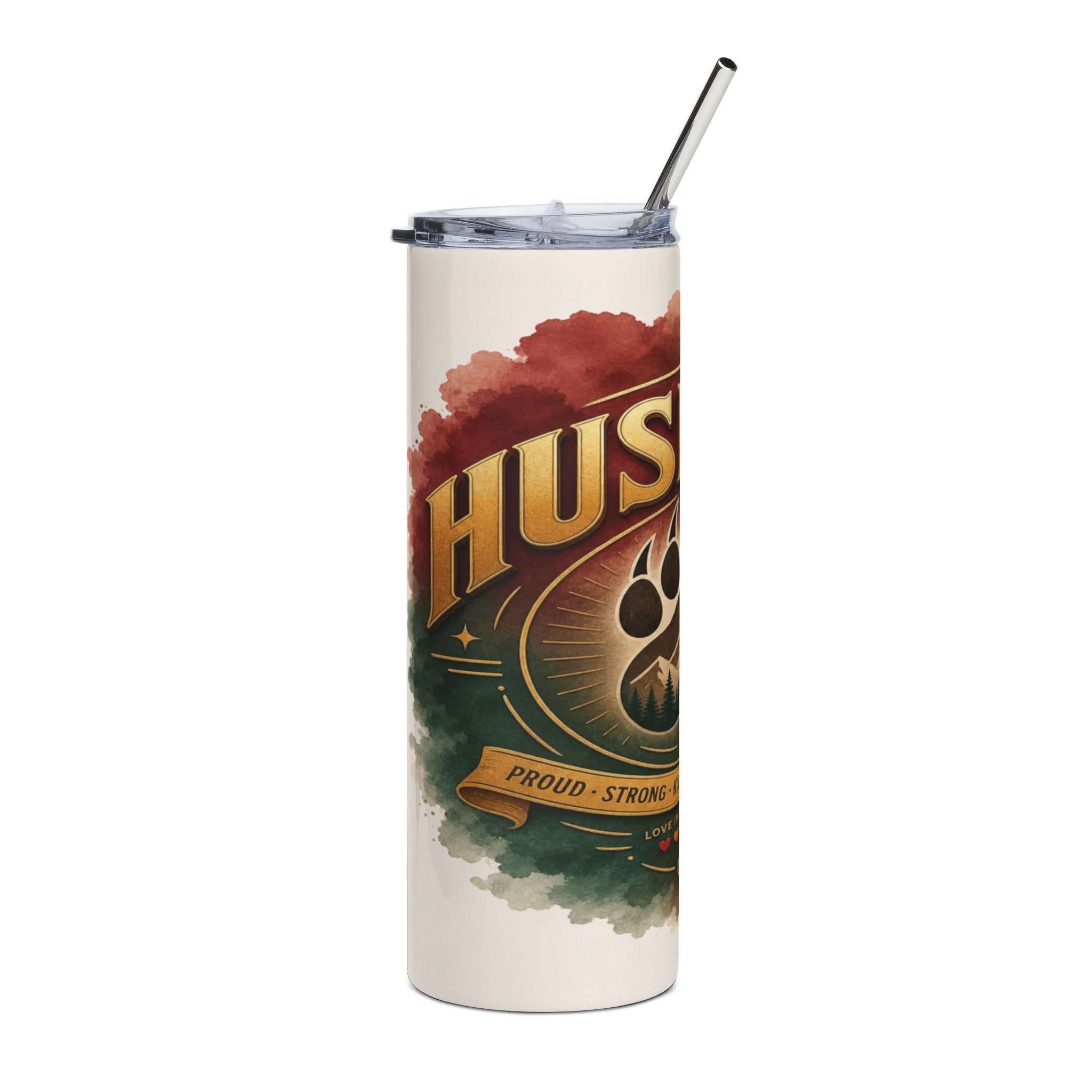 Tall tumbler with gold text "HUSKY", paw print, mountains, and banner.