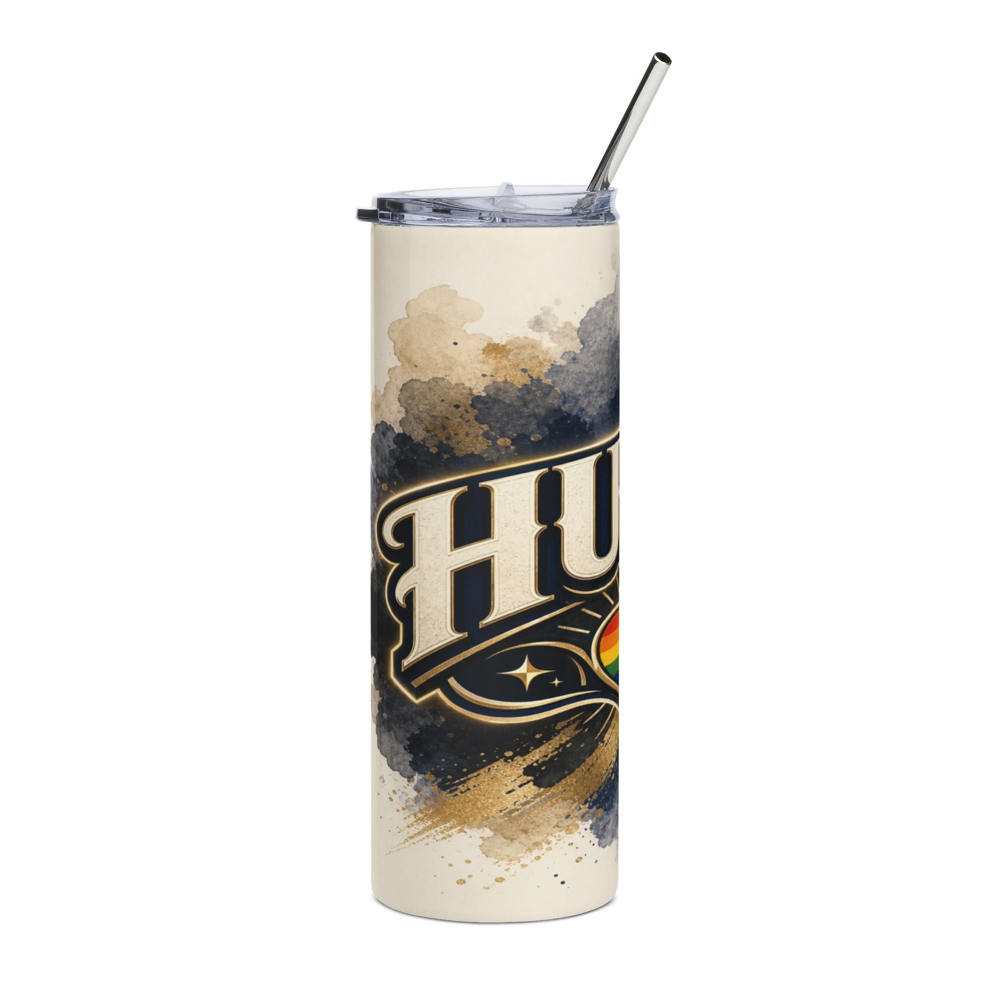 Tumbler with "HU" text, rainbow heart, and abstract paint splatter design.