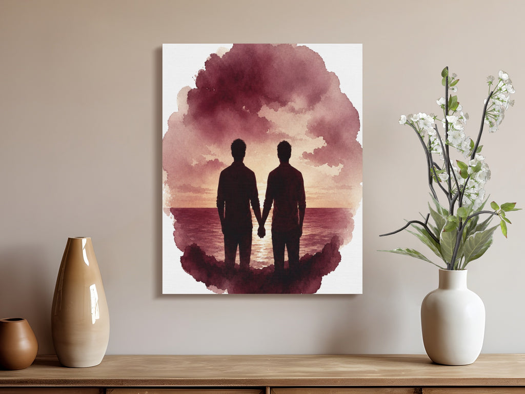 Watercolor art of two men holding hands at sunset, framed by maroon clouds.