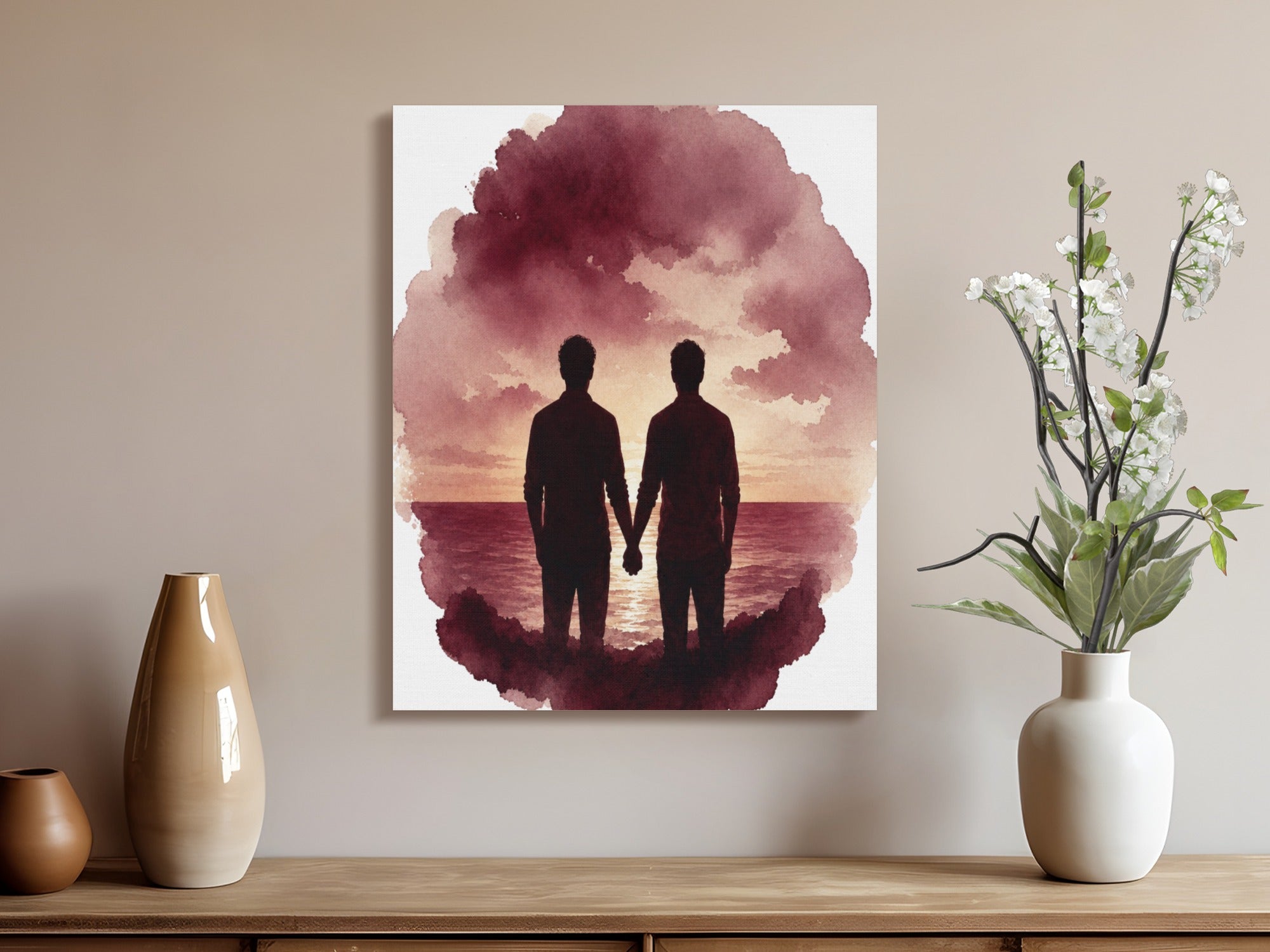 Watercolor art of two men holding hands at sunset, framed by maroon clouds.