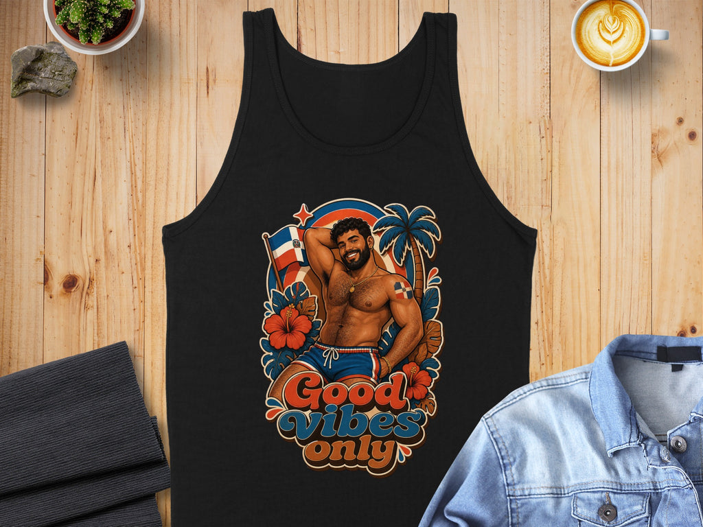 Black tank top with illustration of a man on a beach with "Good Vibes Only" text.