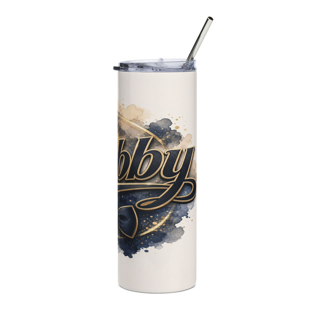 Tumbler with "abby" in stylized lettering and a watercolor design.