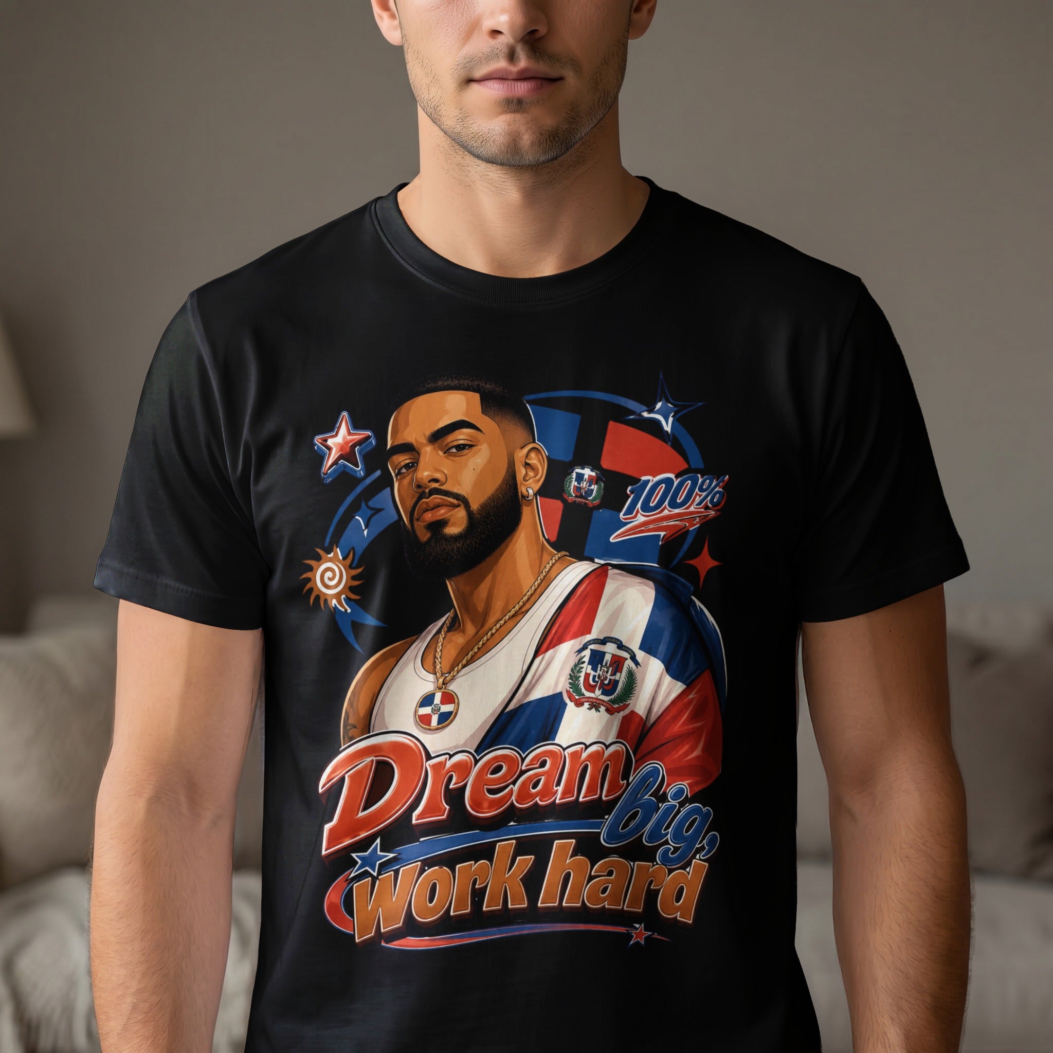 Dominican flag graphic t-shirt with "Dream big, Work hard" text.