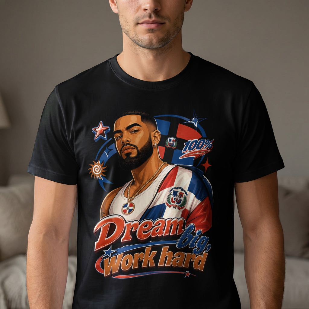 Dominican flag graphic t-shirt with "Dream big, Work hard" text.