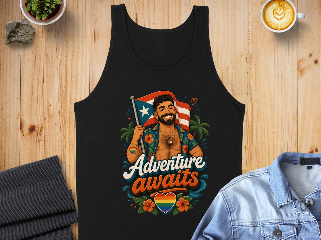 Black tank top with man waving Puerto Rican flag and "Adventure awaits" text.
