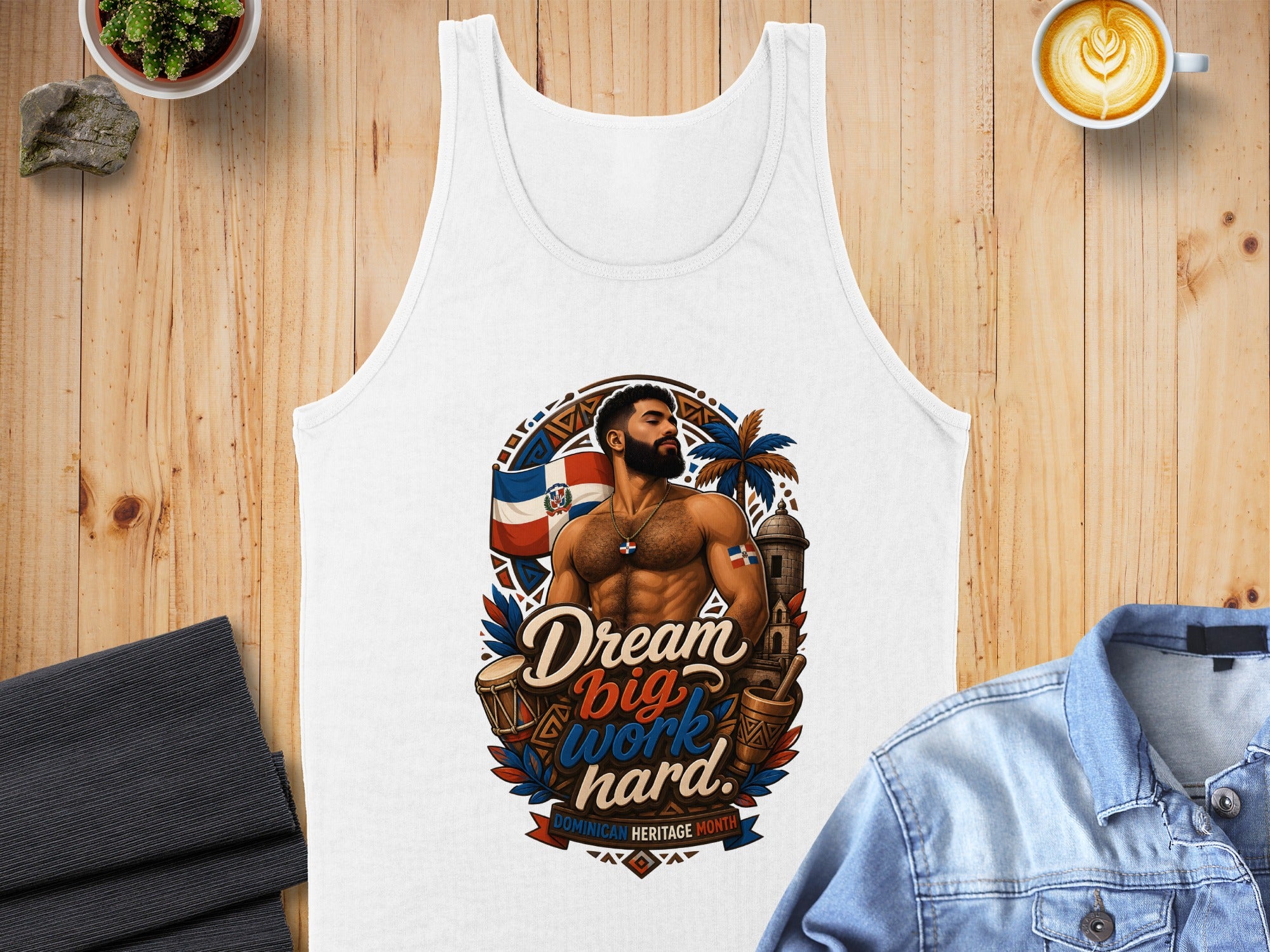 White tank top with Dominican Republic flag and man, text "Dream Big Work Hard".