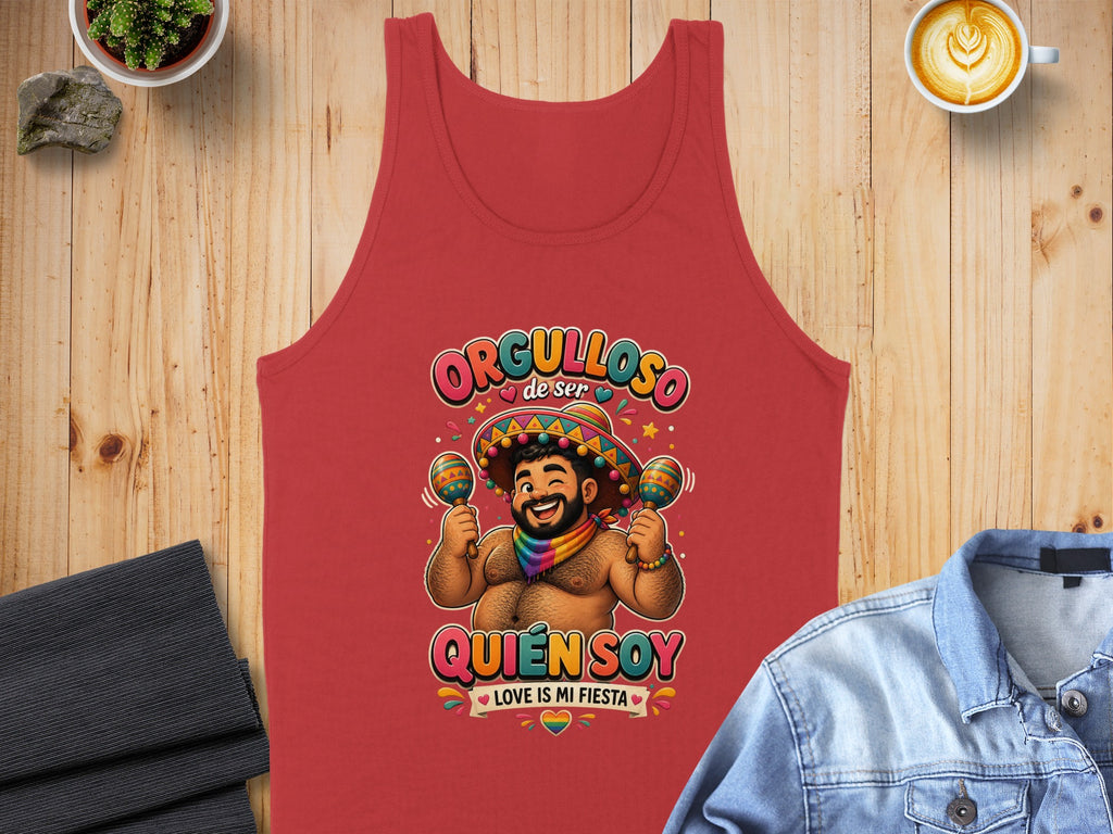Red tank top with "ORGULLOSO de ser QUIÉN SOY" and a cartoon man with maracas.