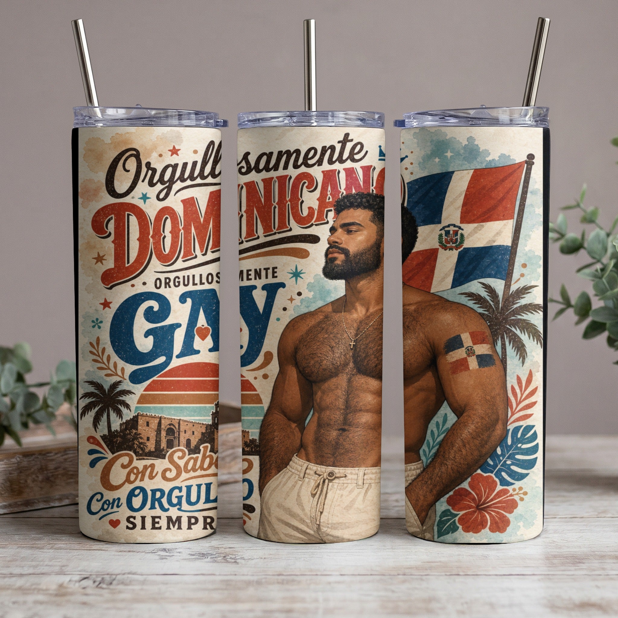 "Orgullosamente Gay" tumbler with Dominican flag and a shirtless man.