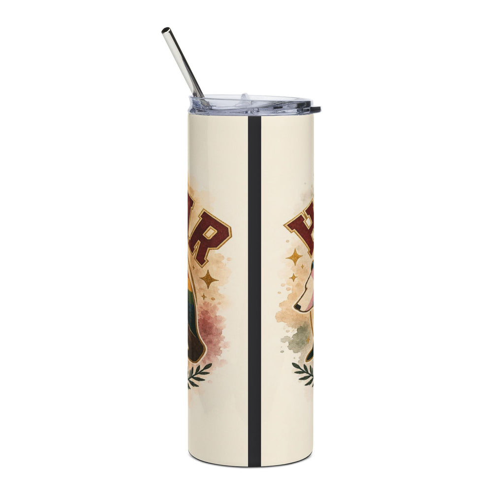 Tumbler with a beige background, featuring dog illustrations and "PAR" text.