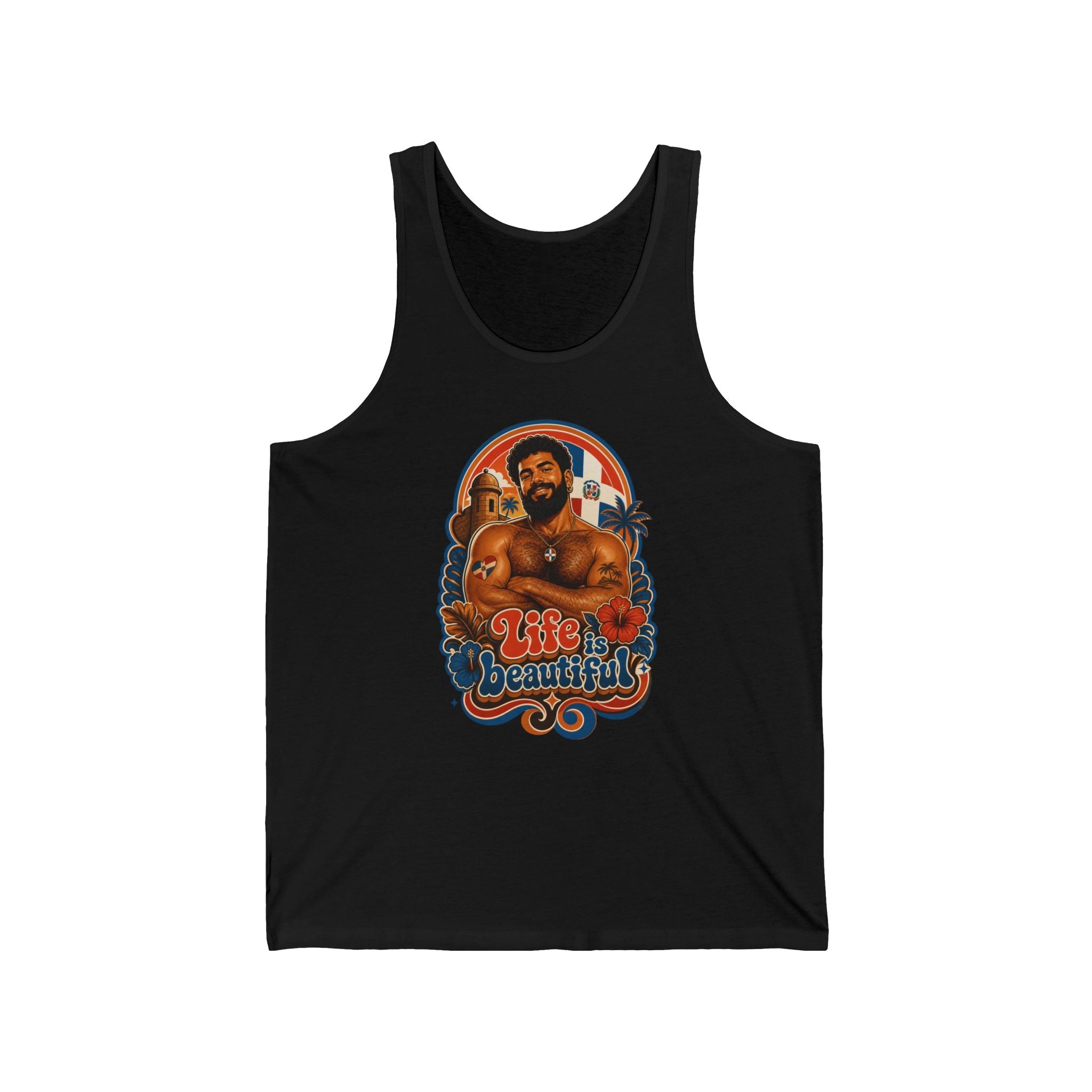 Black tank top with retro art of a smiling man, palm trees, and text "Life is beautiful."